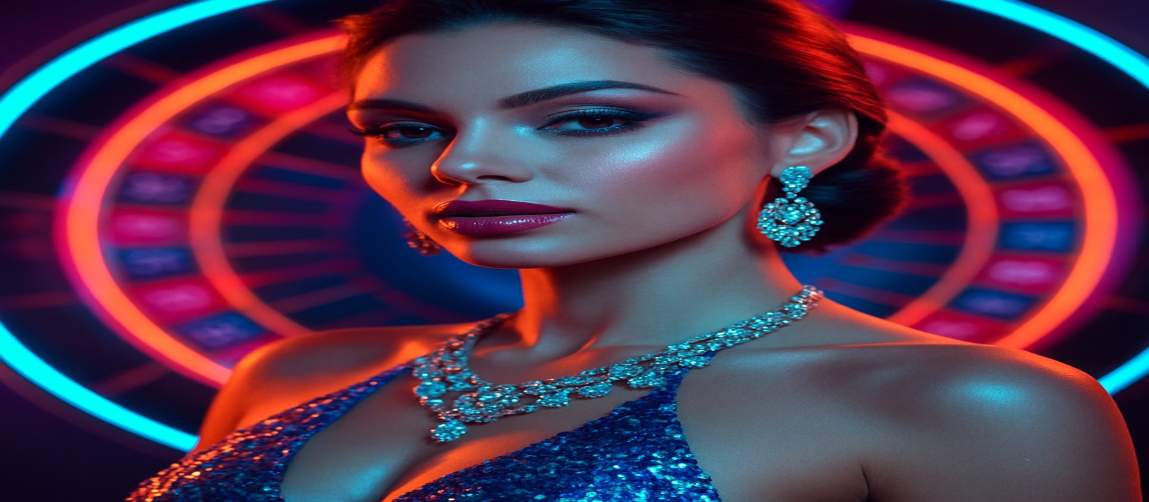 চাকার সামনে উজ্জ্বল পোশামে থাকা একজন নারী, একটি রঙিন গেমিং প্ল্যাটফর্ম