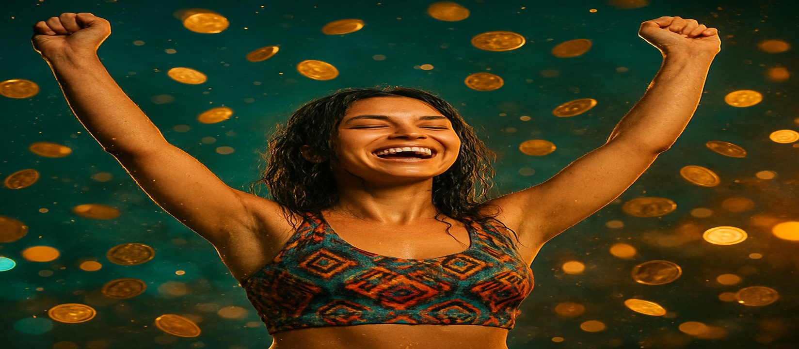 মুদ্রার ঝরনার মাঝে রঙিন পোশাকে এক নারী